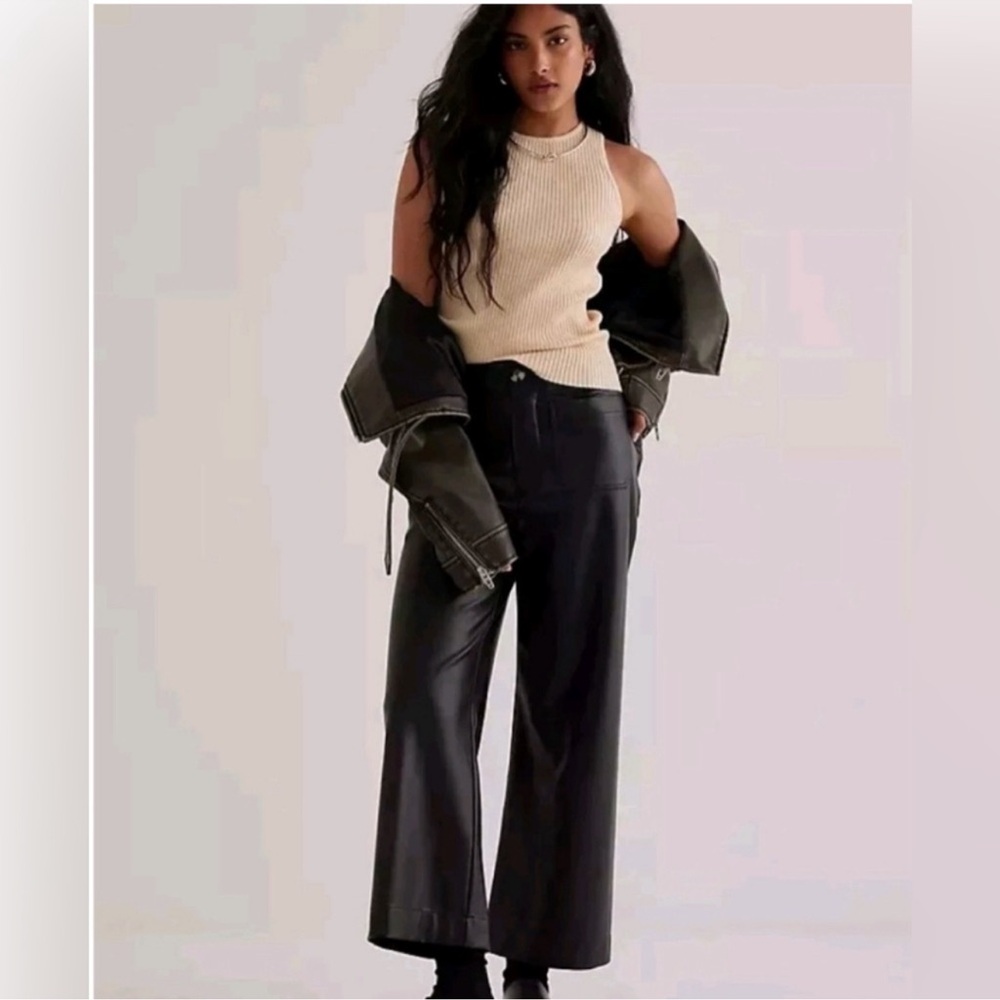 Anthropologie Maeve The Colette Cropped Wide-Leg Faux Leather‎ Pants Size 32
